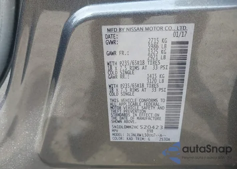 2017 Infiniti Qx60 from USA, damaged, VIN 5N1DL0MM2HC520423